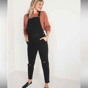 Straight Black-Wash Ripped Jean Overalls for Women